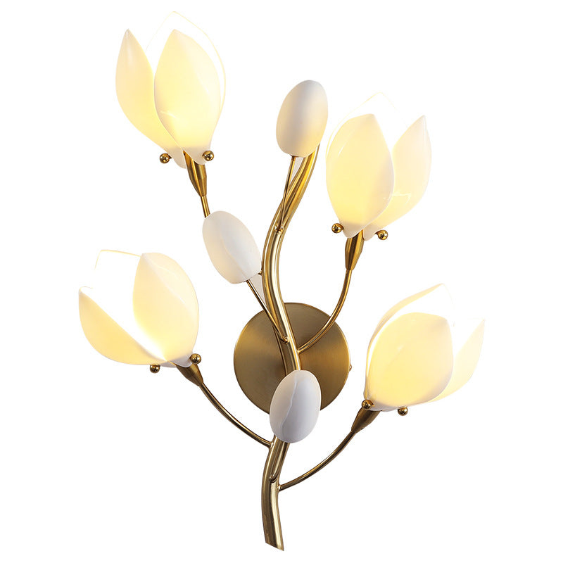 Contemporary Creative Iron &amp; Ceramic Magnolia-Shaped 4-Light Wall Sconce Lamp For Bedroom &amp; Living Room