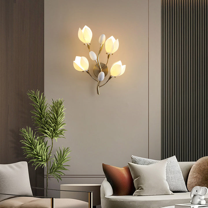 Contemporary Creative Iron &amp; Ceramic Magnolia-Shaped 4-Light Wall Sconce Lamp For Bedroom &amp; Living Room