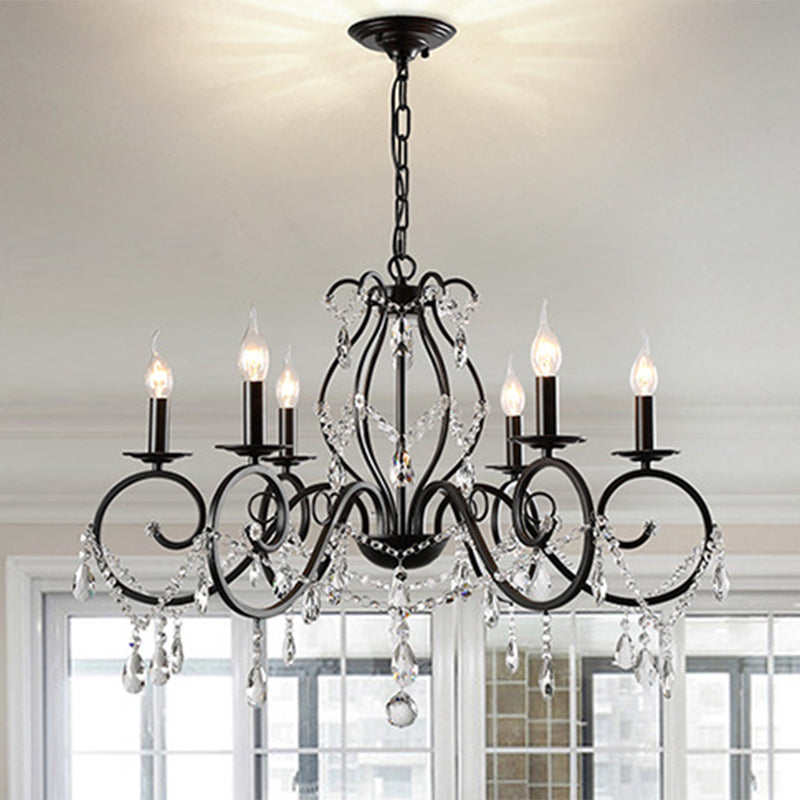 Traditional European Iron & Crystal Branch-Shaped 6/8-Light Chandelier With Tassels For Bedroom & Living Room