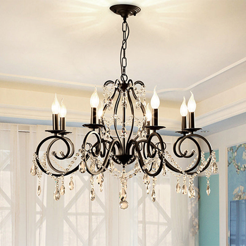 Traditional European Iron & Crystal Branch-Shaped 6/8-Light Chandelier With Tassels For Bedroom & Living Room