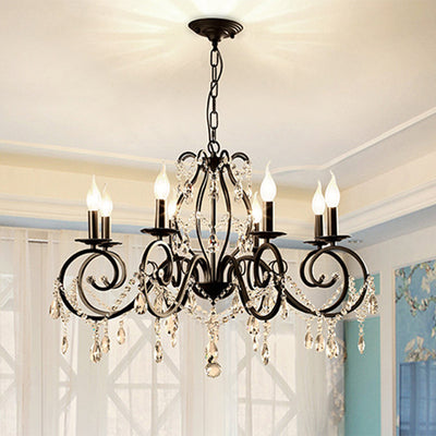 Traditional European Iron & Crystal Branch-Shaped 6/8-Light Chandelier With Tassels For Bedroom & Living Room