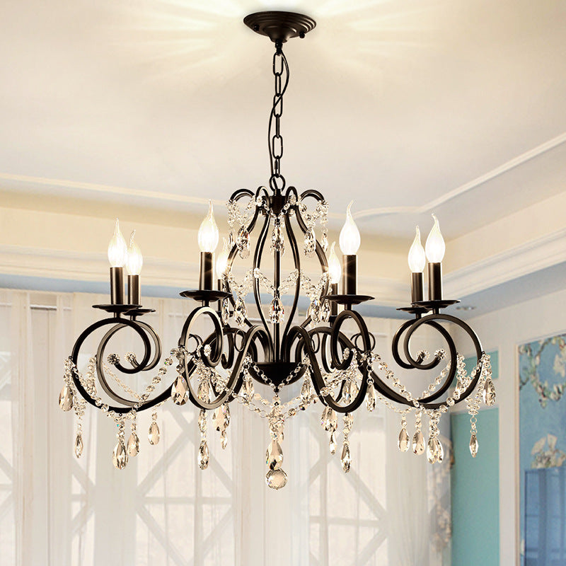 Traditional European Iron & Crystal Branch-Shaped 6/8-Light Chandelier With Tassels For Bedroom & Living Room