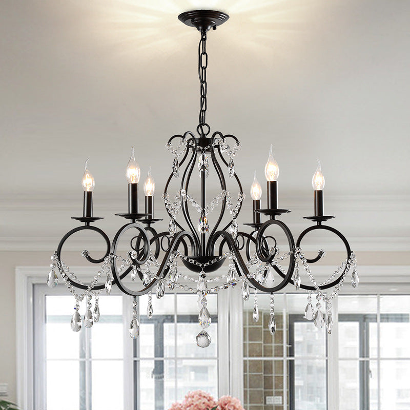 Traditional European Iron & Crystal Branch-Shaped 6/8-Light Chandelier With Tassels For Bedroom & Living Room
