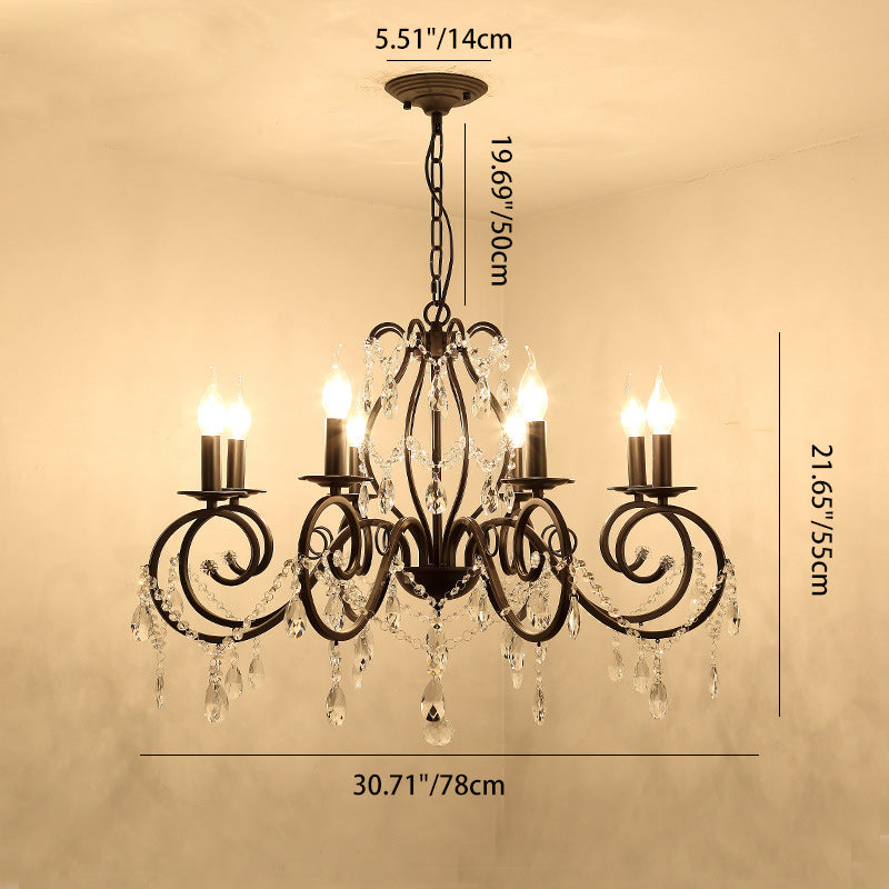 Traditional European Iron & Crystal Branch-Shaped 6/8-Light Chandelier With Tassels For Bedroom & Living Room