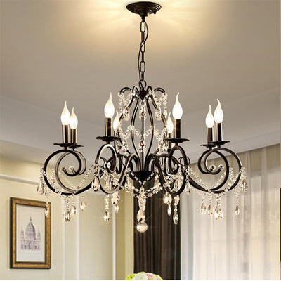 Traditional European Iron & Crystal Branch-Shaped 6/8-Light Chandelier With Tassels For Bedroom & Living Room