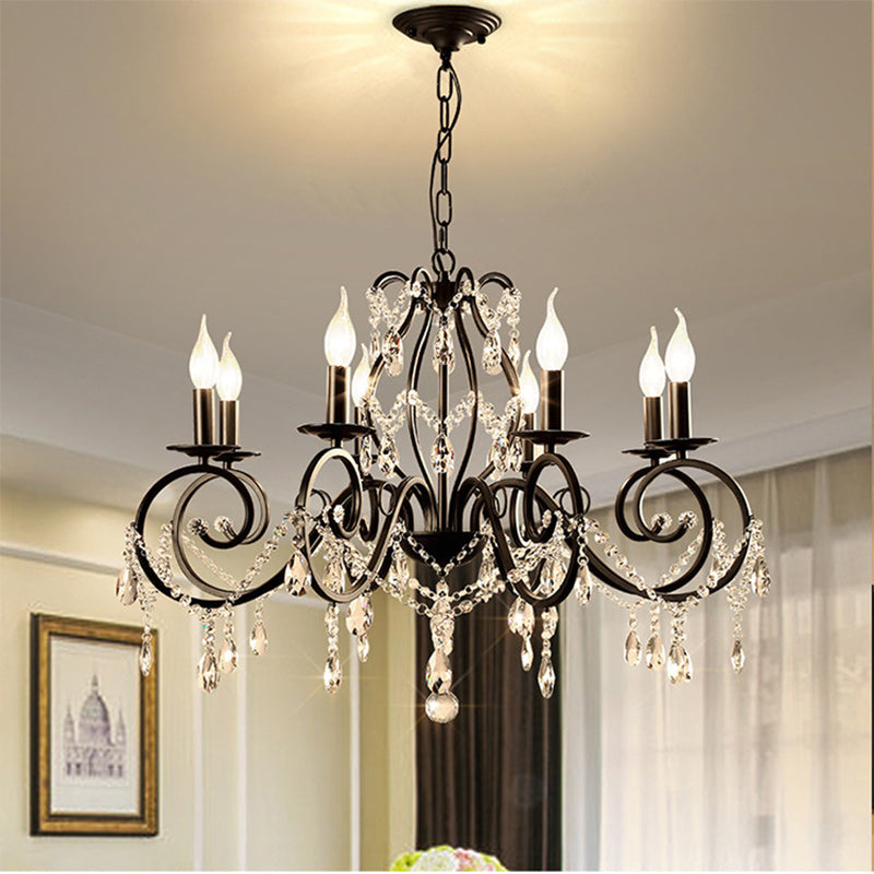 Traditional European Iron & Crystal Branch-Shaped 6/8-Light Chandelier With Tassels For Bedroom & Living Room