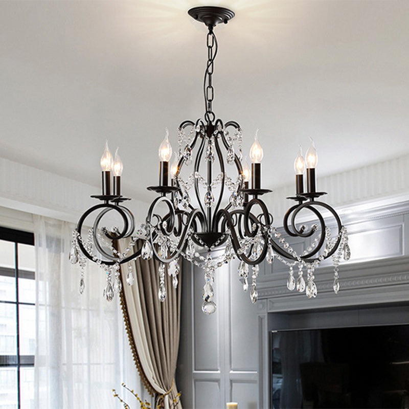 Traditional European Iron & Crystal Branch-Shaped 6/8-Light Chandelier With Tassels For Bedroom & Living Room