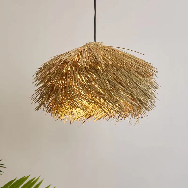 Traditional Japanese Rattan Irregular Globe 1-Light Pendant Light For Dining Room