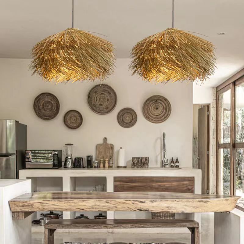 Traditional Japanese Rattan Irregular Globe 1-Light Pendant Light For Dining Room