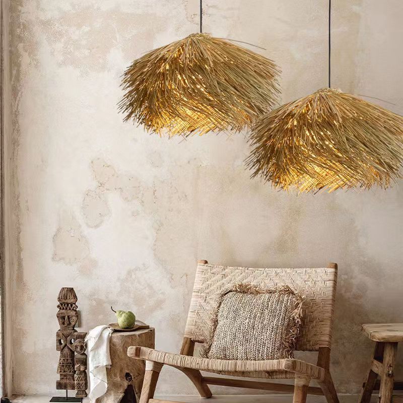 Traditional Japanese Rattan Irregular Globe 1-Light Pendant Light For Dining Room