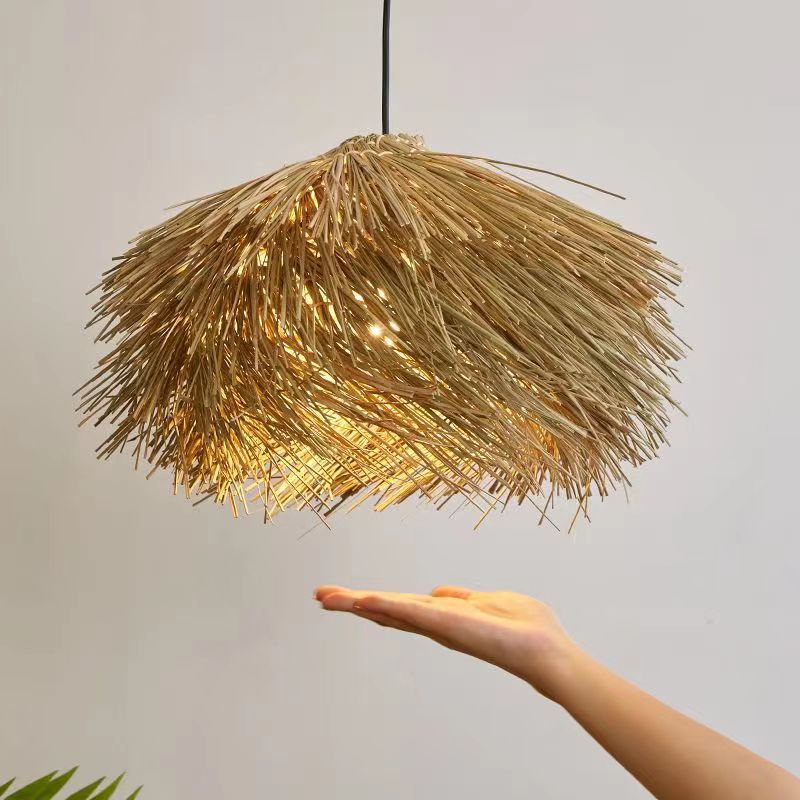 Traditional Japanese Rattan Irregular Globe 1-Light Pendant Light For Dining Room