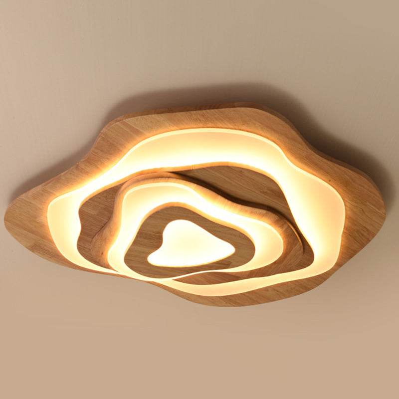 Contemporary Creative Wood & Acrylic Irregular Round LED Flush Mount Ceiling Light For Bedroom, Living Room