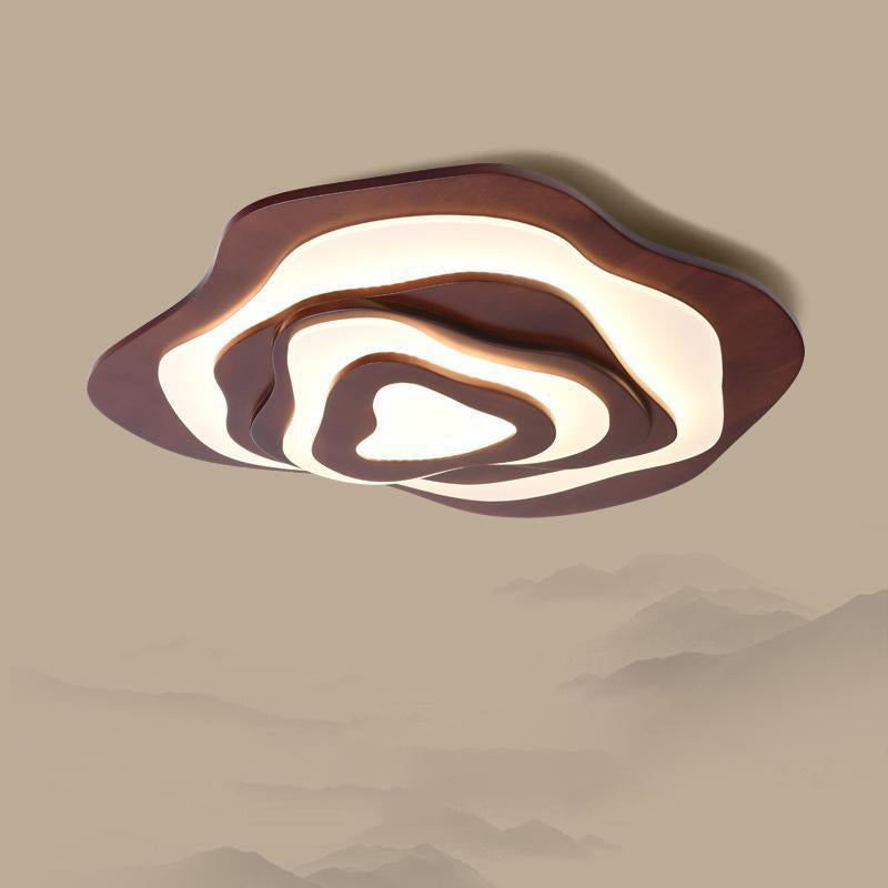 Contemporary Creative Wood & Acrylic Irregular Round LED Flush Mount Ceiling Light For Bedroom, Living Room