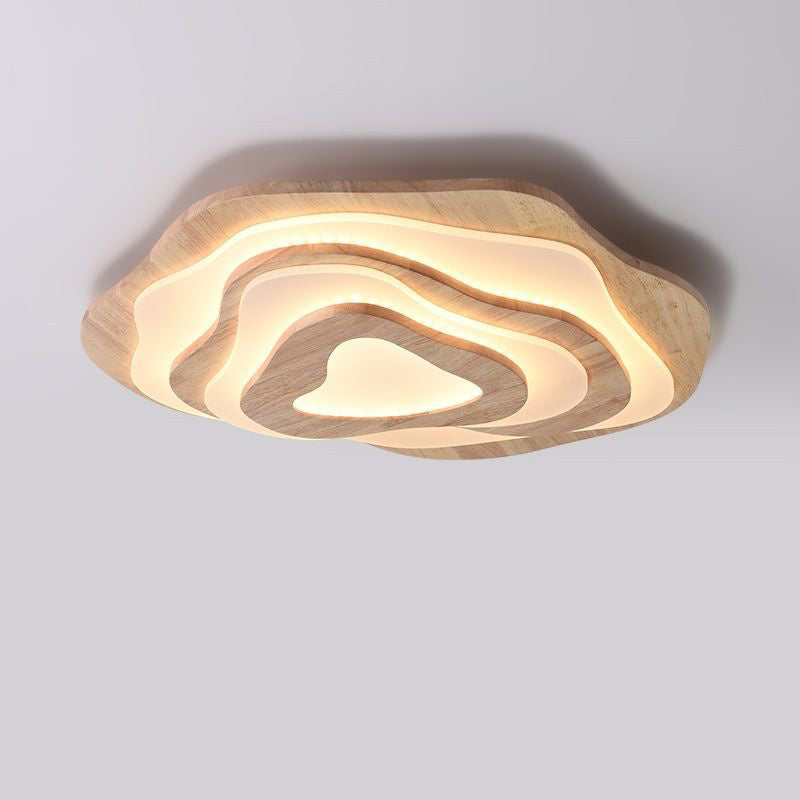 Contemporary Creative Wood & Acrylic Irregular Round LED Flush Mount Ceiling Light For Bedroom, Living Room