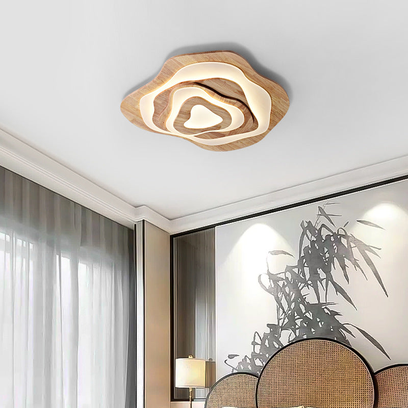 Contemporary Creative Wood & Acrylic Irregular Round LED Flush Mount Ceiling Light For Bedroom, Living Room