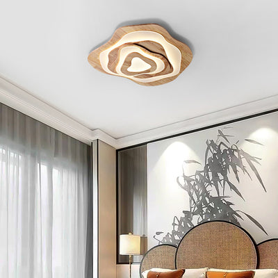 Contemporary Creative Wood & Acrylic Irregular Round LED Flush Mount Ceiling Light For Bedroom, Living Room