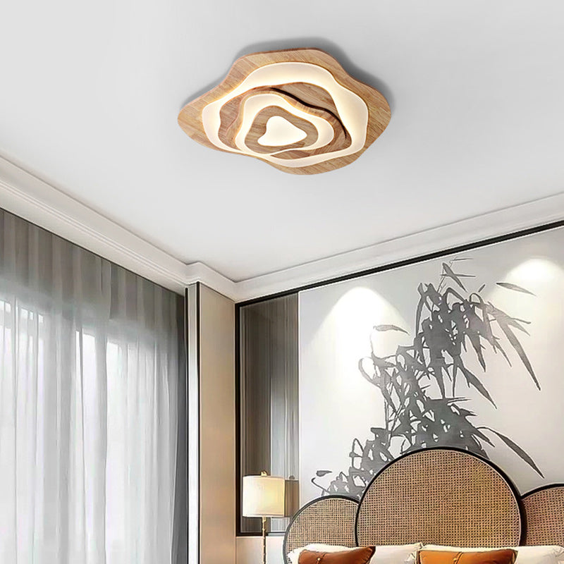 Contemporary Creative Wood & Acrylic Irregular Round LED Flush Mount Ceiling Light For Bedroom, Living Room