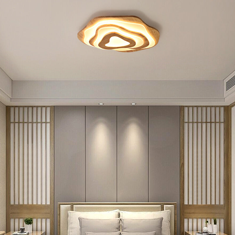 Contemporary Creative Wood & Acrylic Irregular Round LED Flush Mount Ceiling Light For Bedroom, Living Room
