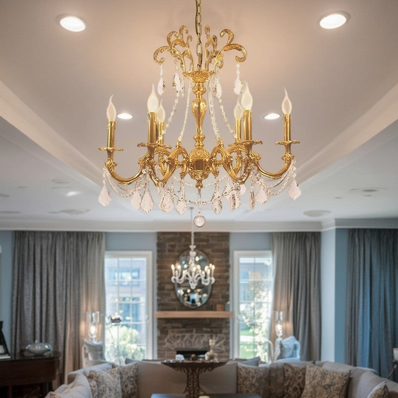 Traditional European Brass Crystal Candle-shaped 6/8/10 Light Chandelier For Living Room & Bedroom