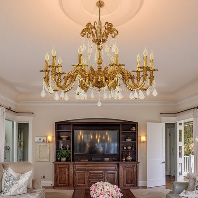 Traditional European Brass Crystal Candle-shaped 6/8/10 Light Chandelier For Living Room & Bedroom