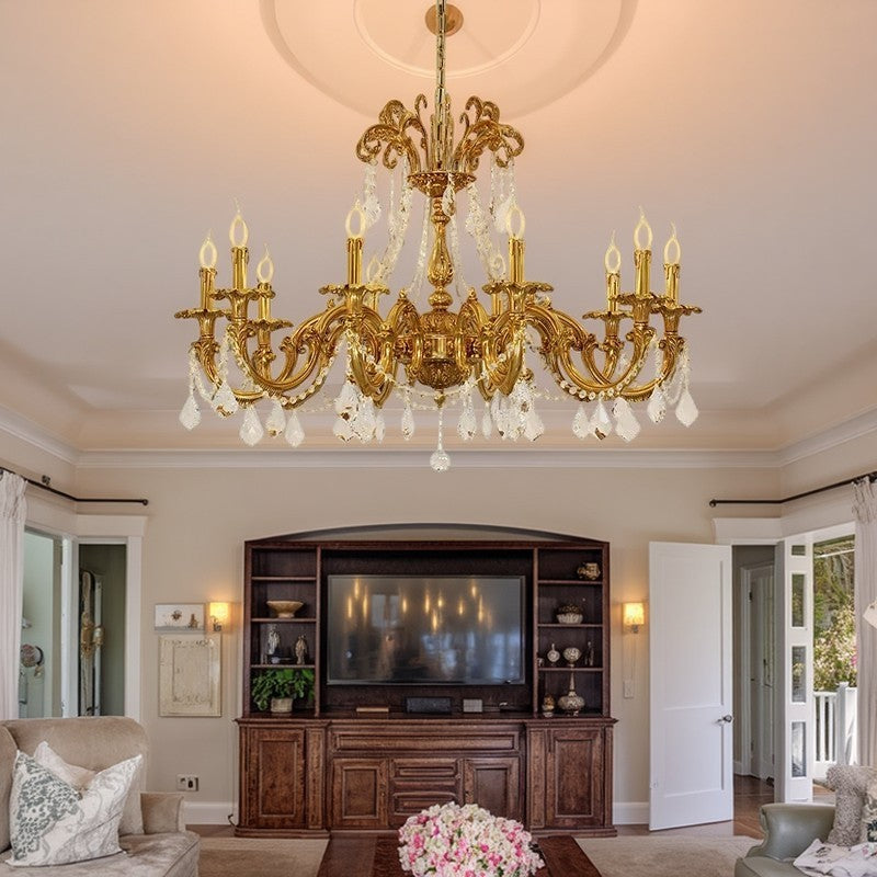 Traditional European Brass Crystal Candle-shaped 6/8/10 Light Chandelier For Living Room & Bedroom