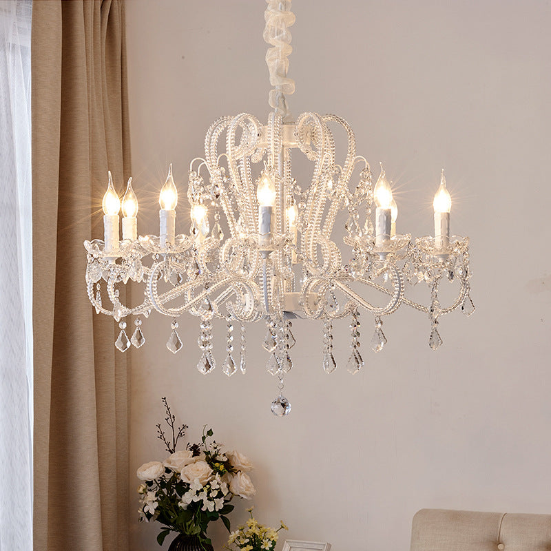 Tradicional candelabro de metal francés con cristal arqueado en forma de vela y borlas de cristal de 6/8/10/12 luces para dormitorio, sala de estar 