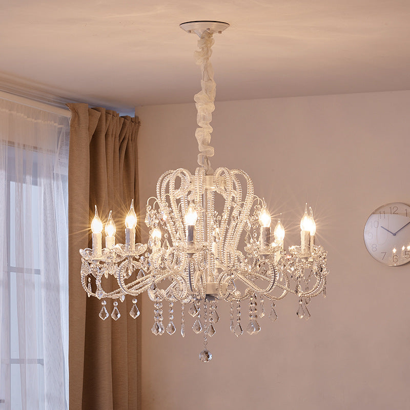 Traditional French Metal Glass Crystal Arched Candle-Shaped Crystal Tassels 6/8/10/12 Lights Chandelier For Bedroom, Living Room