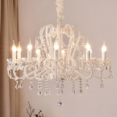 Traditional French Metal Glass Crystal Arched Candle-Shaped Crystal Tassels 6/8/10/12 Lights Chandelier For Bedroom, Living Room