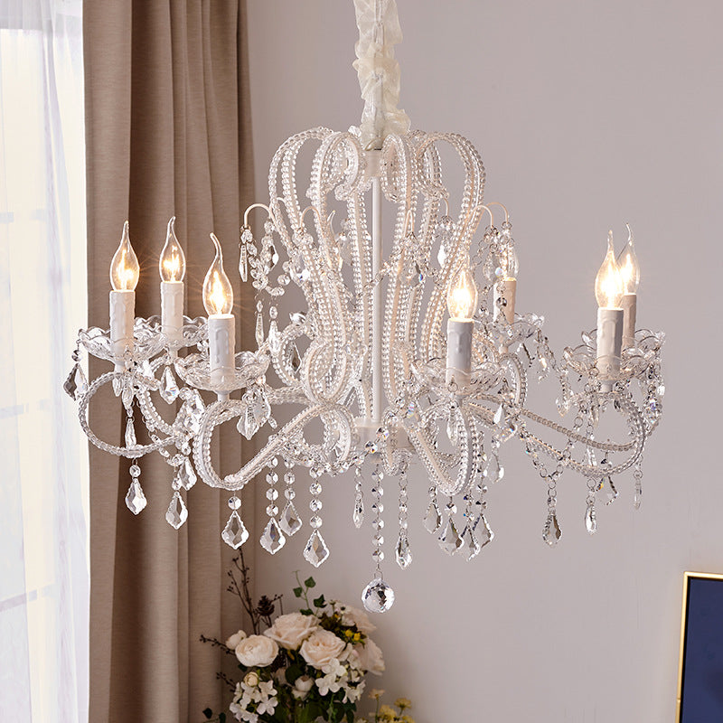 Traditional French Metal Glass Crystal Arched Candle-Shaped Crystal Tassels 6/8/10/12 Lights Chandelier For Bedroom, Living Room