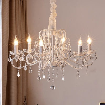 Traditional French Metal Glass Crystal Arched Candle-Shaped Crystal Tassels 6/8/10/12 Lights Chandelier For Bedroom, Living Room
