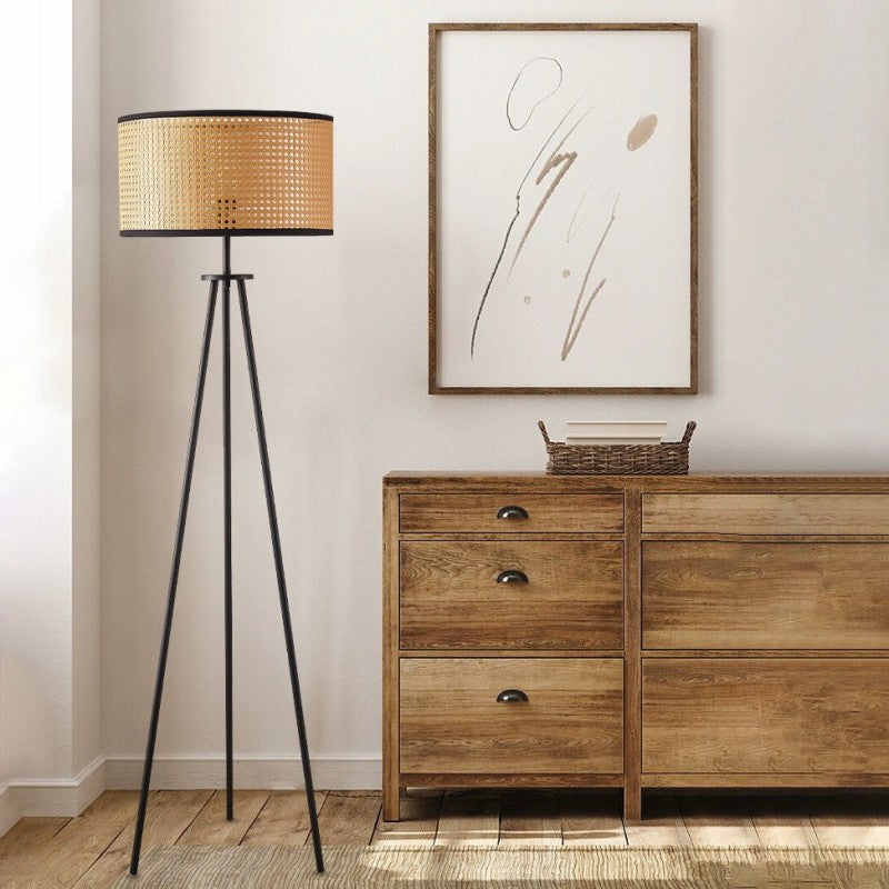 Lampe de sol moderne minimaliste en rotin avec abat-jour cylindrique en fer à 1 lumière pour chambre et salon 