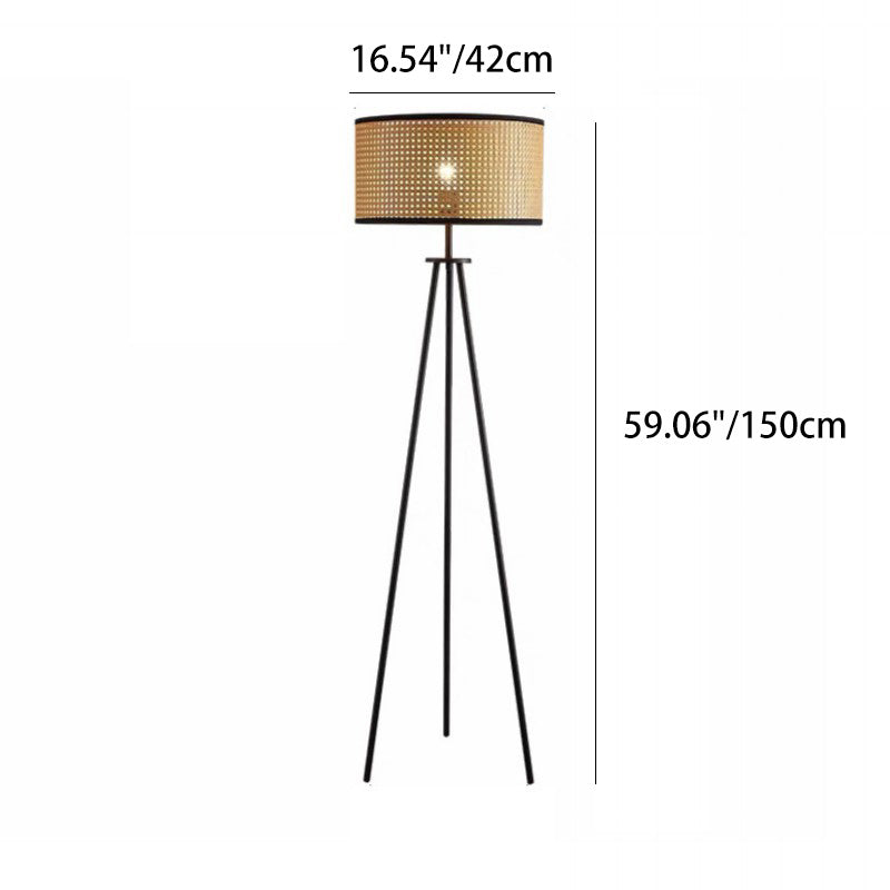 Modern Minimalist Rattan Iron Cylindrical Shade 1-Light Standing Floor Lamp For Bedroom And Living Room