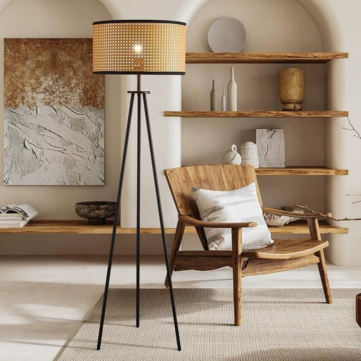 Lampe de sol moderne minimaliste en rotin avec abat-jour cylindrique en fer à 1 lumière pour chambre et salon 