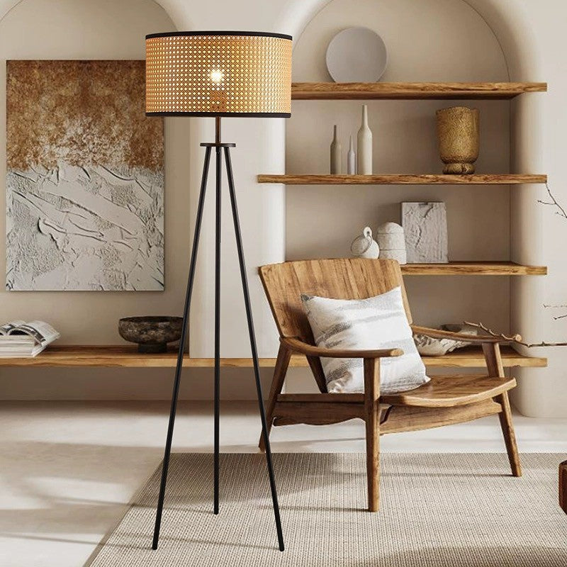 Modern Minimalist Rattan Iron Cylindrical Shade 1-Light Standing Floor Lamp For Bedroom And Living Room