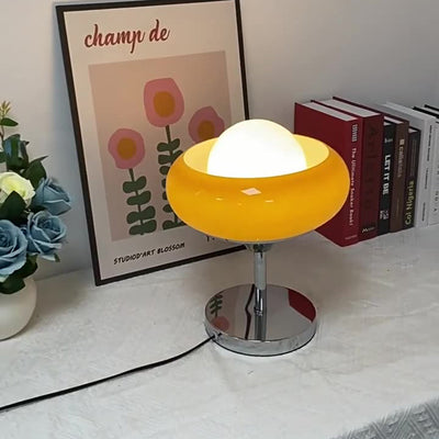 Contemporary Creative Metal & Glass Egg Tart-Shape Round 1-Light Table Lamp For Bedroom & Living Room
