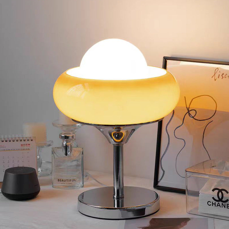 Contemporary Creative Metal & Glass Egg Tart-Shape Round 1-Light Table Lamp For Bedroom & Living Room