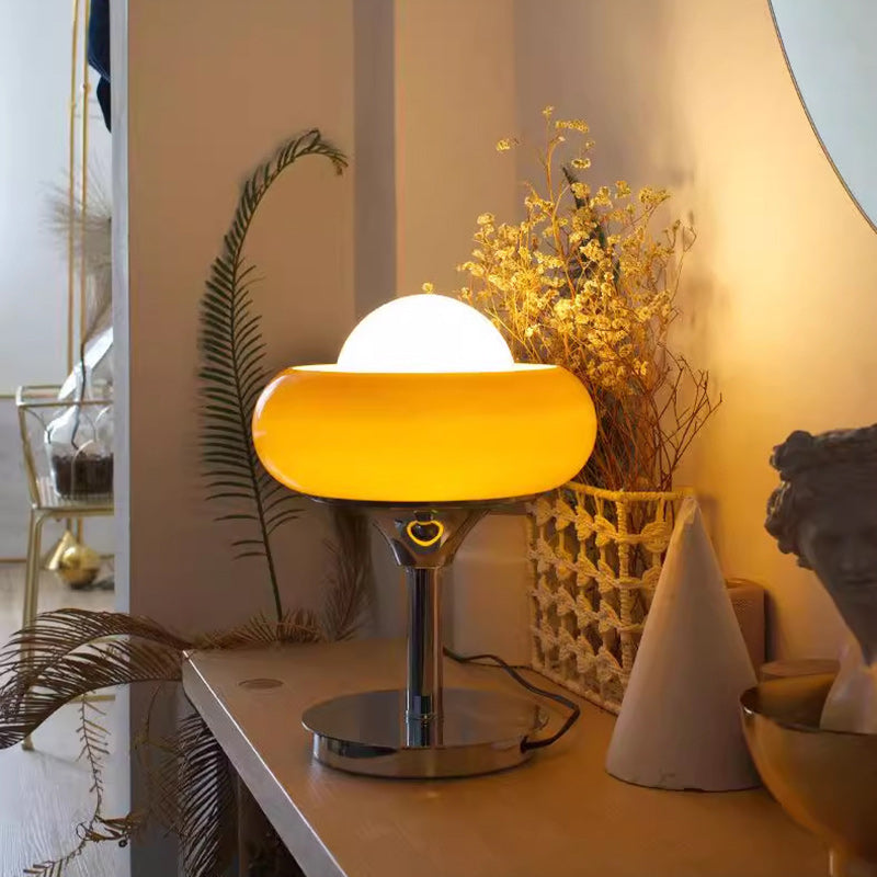 Contemporary Creative Metal & Glass Egg Tart-Shape Round 1-Light Table Lamp For Bedroom & Living Room