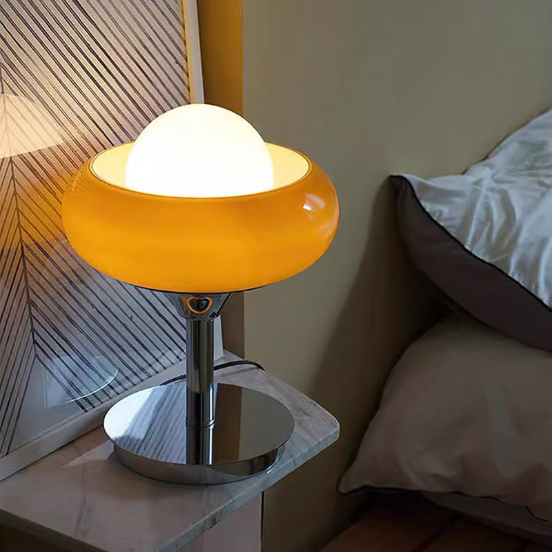 Contemporary Creative Metal & Glass Egg Tart-Shape Round 1-Light Table Lamp For Bedroom & Living Room