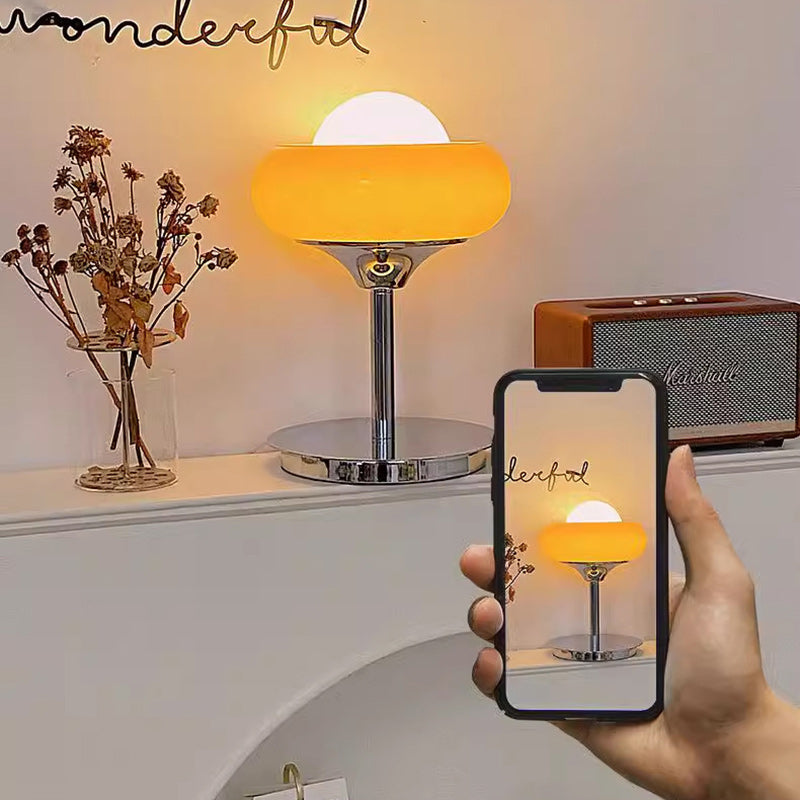 Contemporary Creative Metal & Glass Egg Tart-Shape Round 1-Light Table Lamp For Bedroom & Living Room