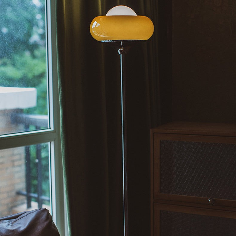Contemporary Creative Metal &amp; Glass Egg Tart-Shape 1-Light Standing Floor Lamp For Bedroom &amp; Living Room