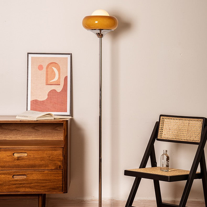 Contemporary Creative Metal & Glass Egg Tart-Shape 1-Light Standing Floor Lamp For Bedroom & Living Room