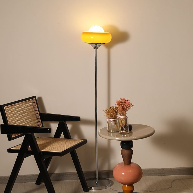 Contemporary Creative Metal &amp; Glass Egg Tart-Shape 1-Light Standing Floor Lamp For Bedroom &amp; Living Room