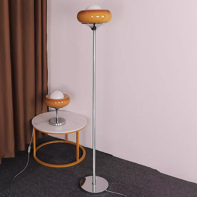 Contemporary Creative Metal &amp; Glass Egg Tart-Shape 1-Light Standing Floor Lamp For Bedroom &amp; Living Room