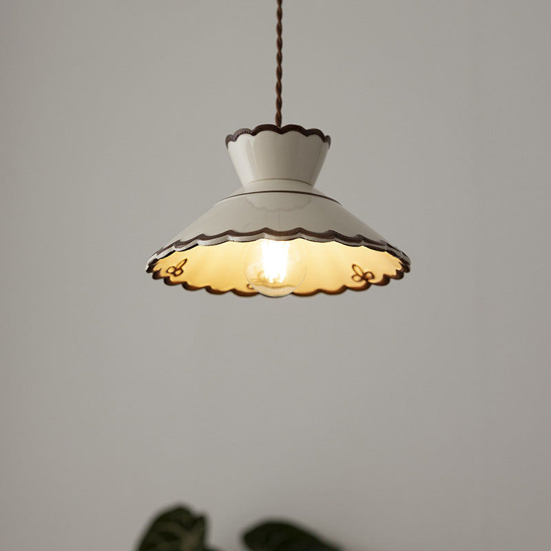 Traditional French Ceramic & Iron Cone Shaped 1-Light Pendant Light For Bedroom & Living Room