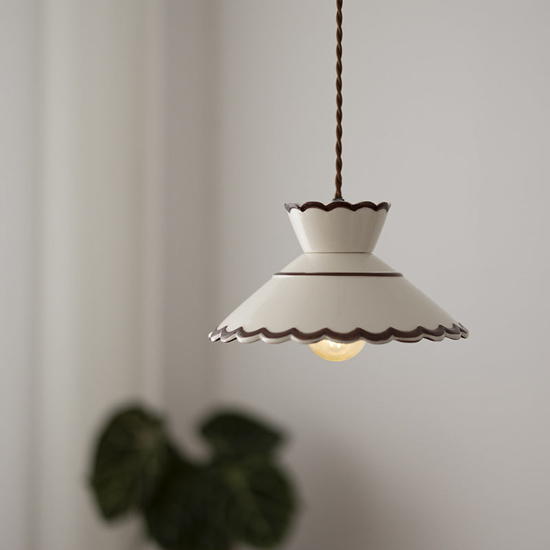 Traditional French Ceramic & Iron Cone Shaped 1-Light Pendant Light For Bedroom & Living Room