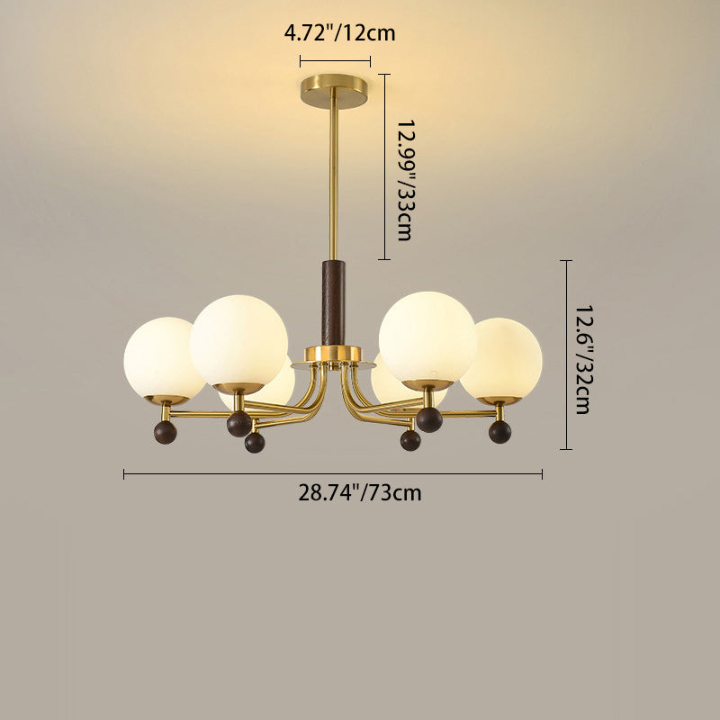 Modern Mid-Century Wood, Glass &amp; Iron Round 6/8-Light Chandelier For Bedroom &amp; Living Room