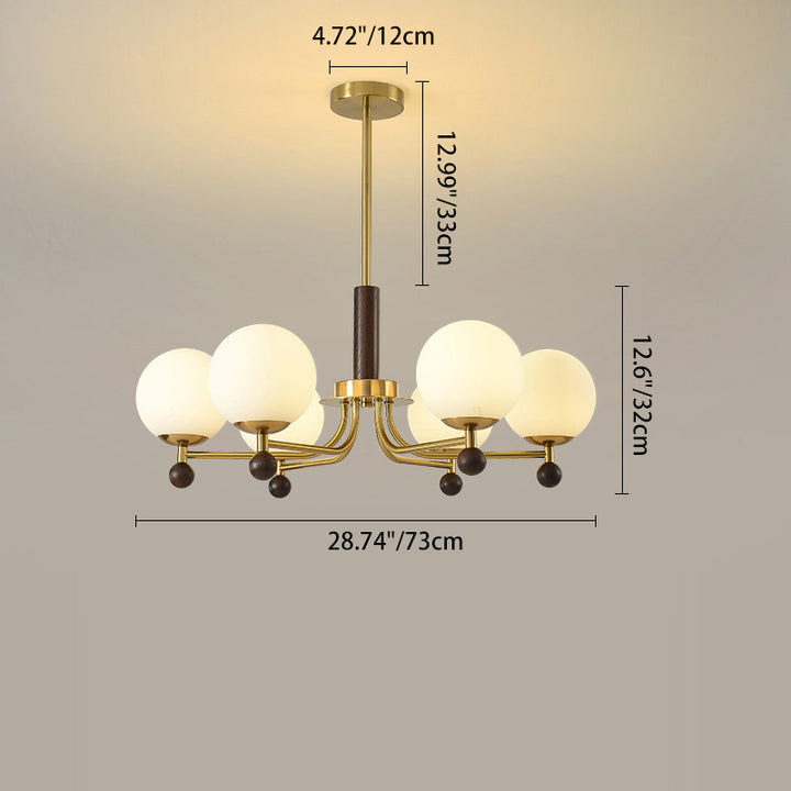 Moderne Mid-Century Holz-, Glas- & Eisen-Rund 6/8-Licht Kronleuchter für Schlafzimmer & Wohnzimmer 
