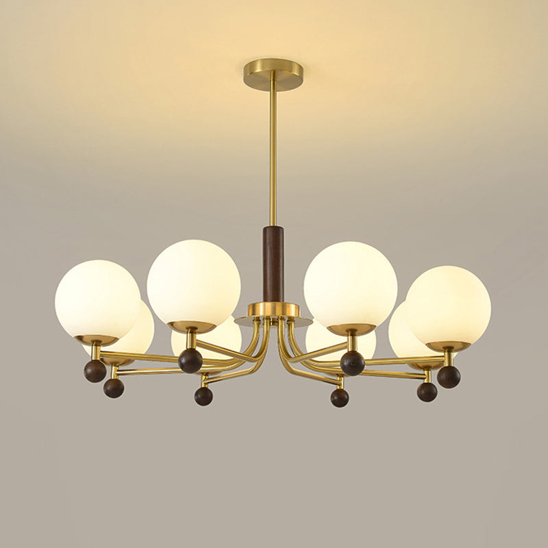 Modern Mid-Century Wood, Glass &amp; Iron Round 6/8-Light Chandelier For Bedroom &amp; Living Room