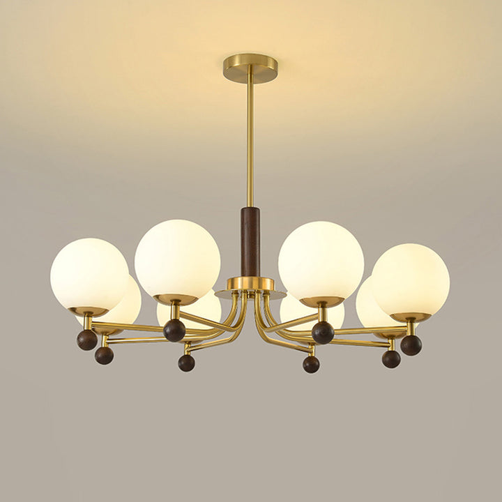 Modern Mid-Century Wood, Glass &amp; Iron Round 6/8-Light Chandelier For Bedroom &amp; Living Room