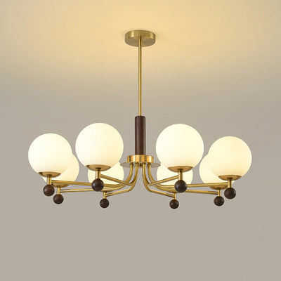 Modern Mid-Century Wood, Glass & Iron Round 6/8-Light Chandelier For Bedroom & Living Room